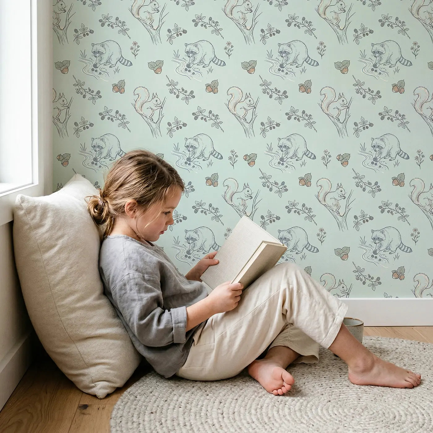 Raccoon Washing Hand-Drawn wallpaper in styled kids room - Whimsy Tots