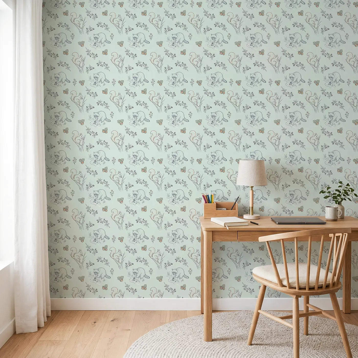 Raccoon Washing Hand-Drawn wallpaper in Scandinavian nursery - Whimsy Tots