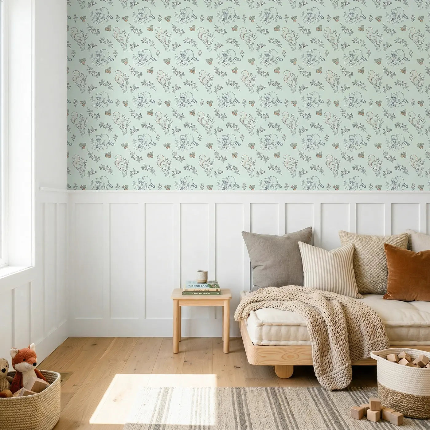 Raccoon Washing Hand-Drawn wallpaper above wainscoting - Whimsy Tots