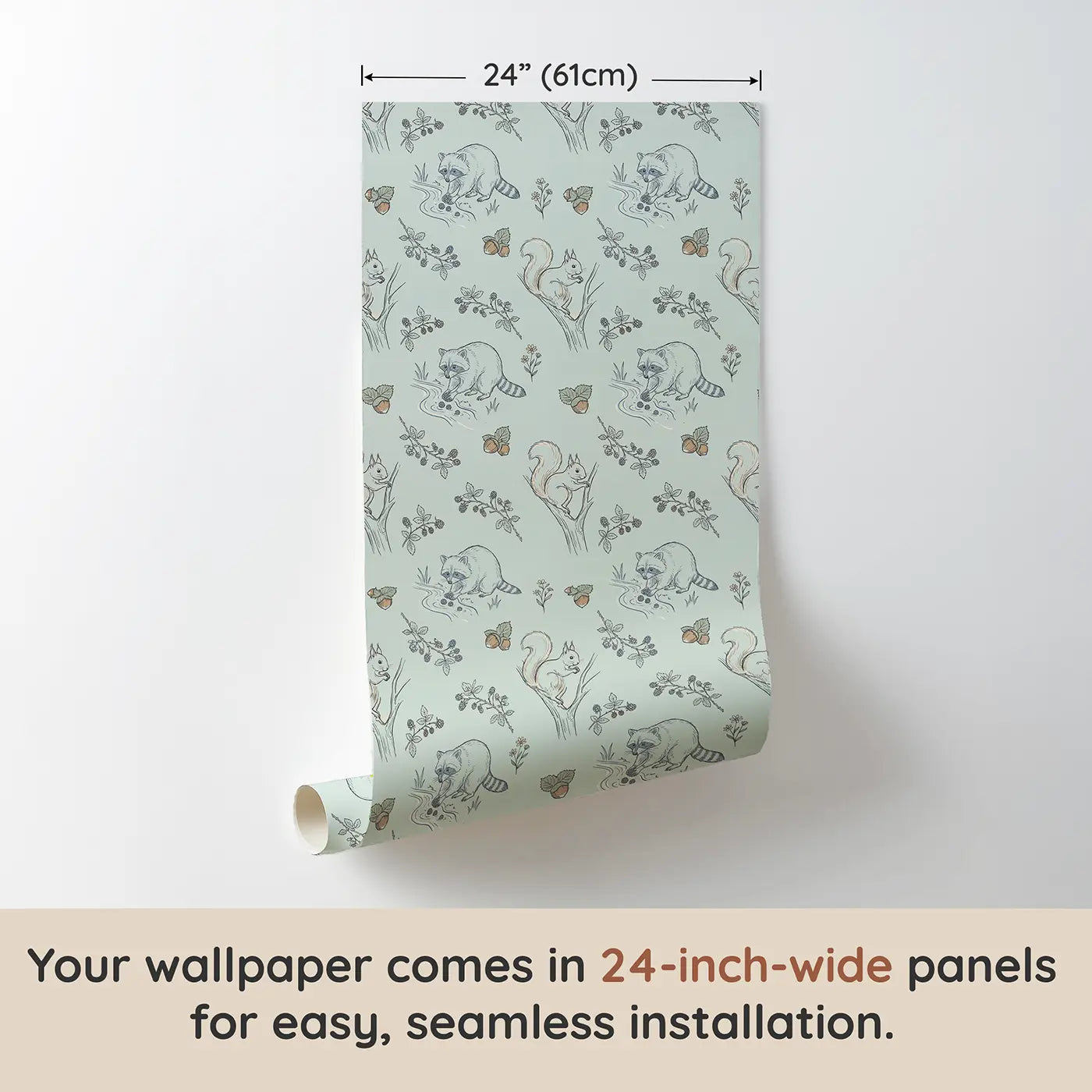 Raccoon Washing Hand-Drawn wallpaper panel dimensions - Whimsy Tots