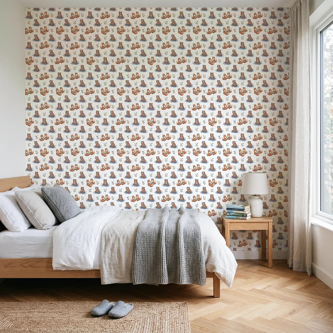 Two Fox Soft Pastel wallpaper in Scandinavian nursery - Whimsy Tots
