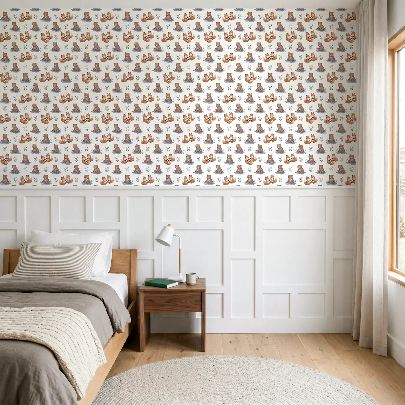 Two Fox Soft Pastel wallpaper above wainscoting - Whimsy Tots