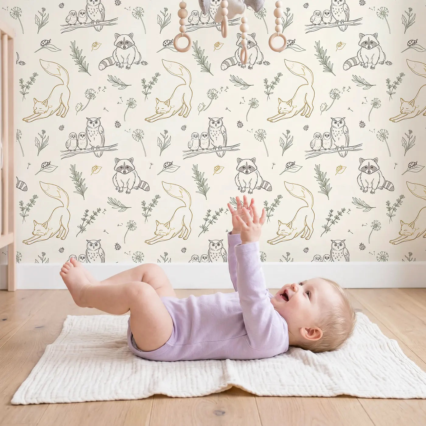 Raccoon Kit Hand-Drawn wallpaper in styled kids room - Whimsy Tots