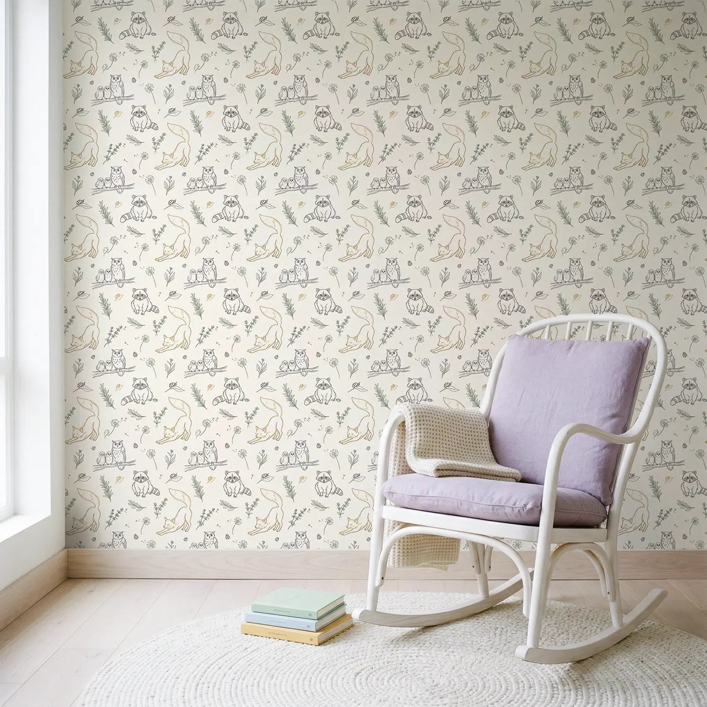 Raccoon Kit Hand-Drawn wallpaper in Scandinavian nursery - Whimsy Tots
