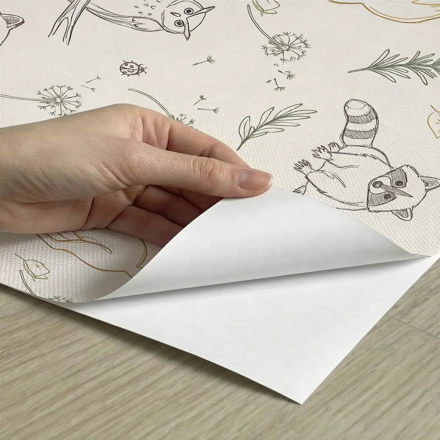 Raccoon Kit Hand-Drawn peel and stick material close-up - Whimsy Tots