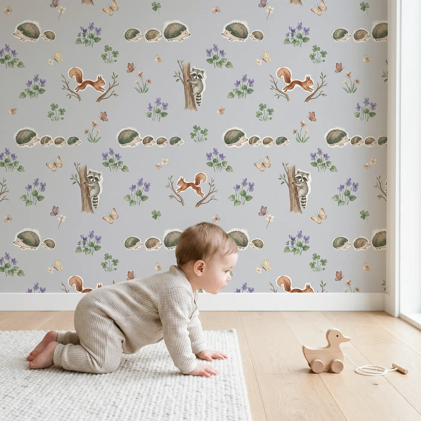 Hedgehog Family Line Watercolor wallpaper in styled kids room - Whimsy Tots
