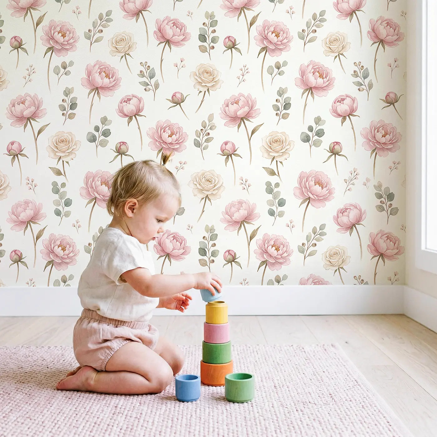 Soft Pink Watercolor wallpaper in styled kids room - Whimsy Tots