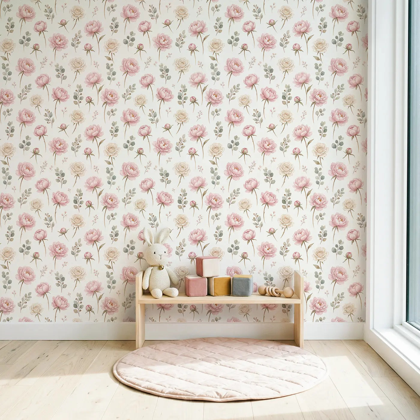 Soft Pink Watercolor wallpaper in Scandinavian nursery - Whimsy Tots