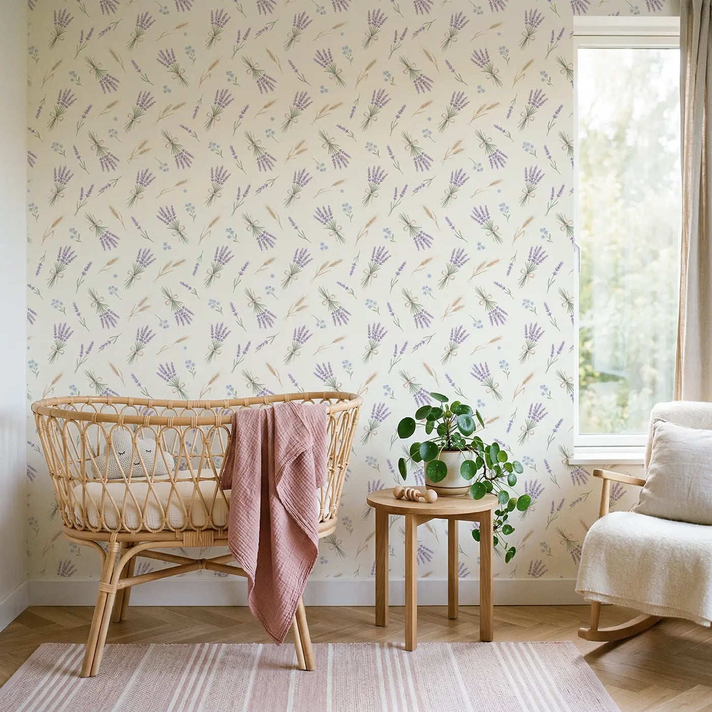Lavender Sprigs Watercolor wallpaper in Scandinavian nursery - Whimsy Tots