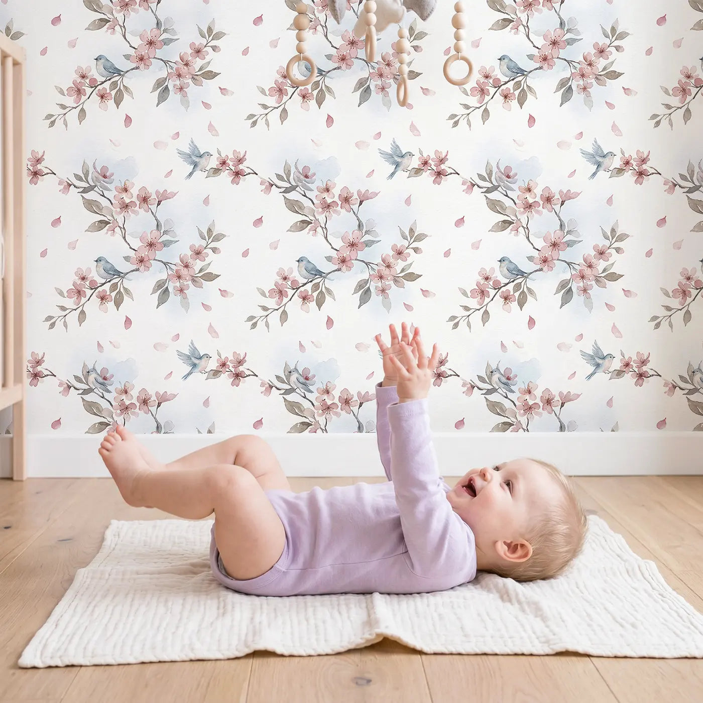 Cherry Blossom Watercolor wallpaper in styled kids room - Whimsy Tots