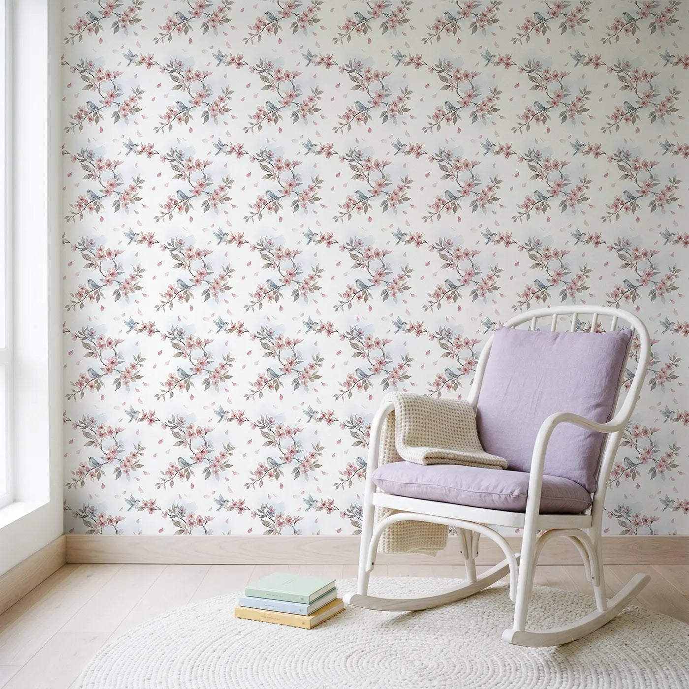 Cherry Blossom Watercolor wallpaper in Scandinavian nursery - Whimsy Tots