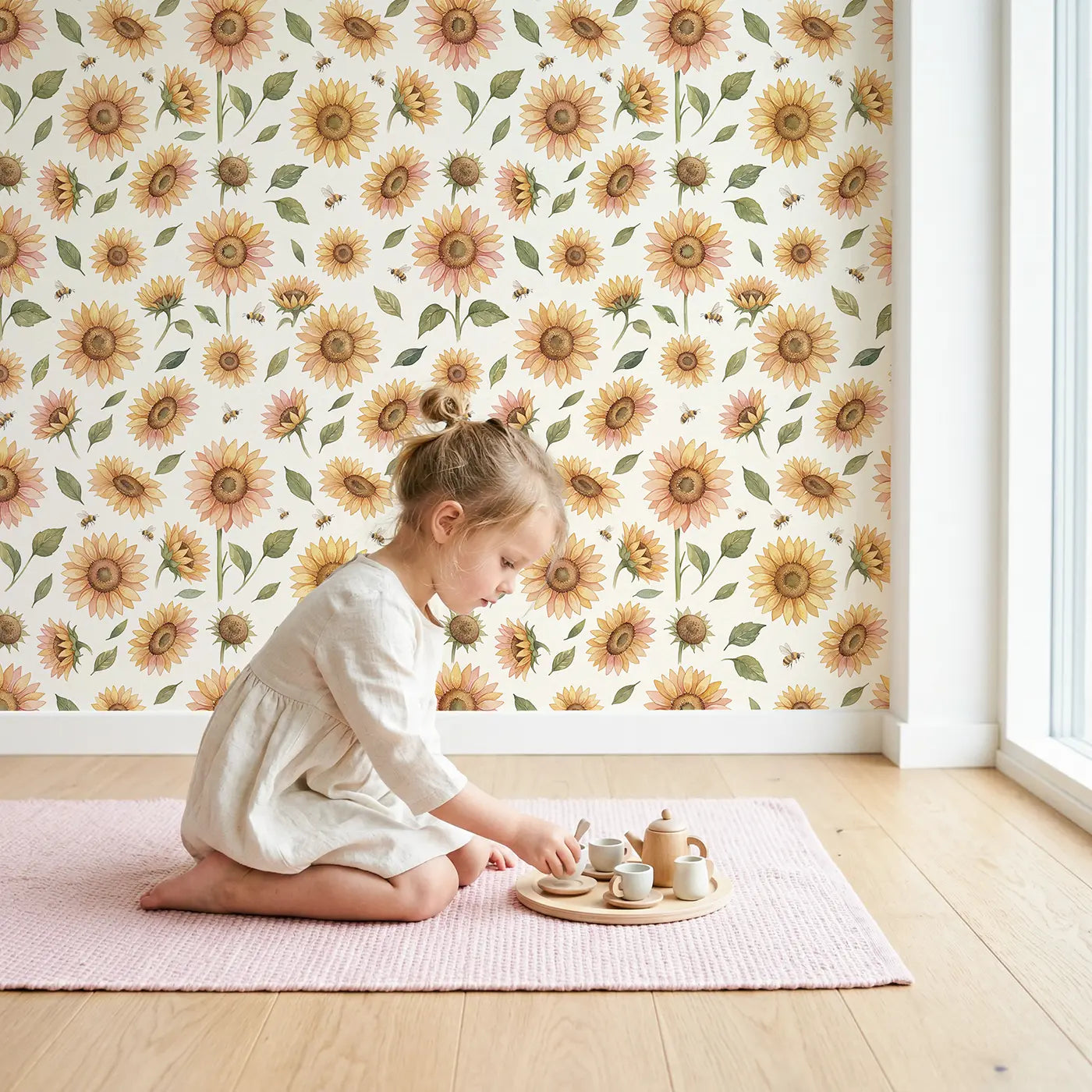 Sunflowers Varying Watercolor wallpaper in styled kids room - Whimsy Tots