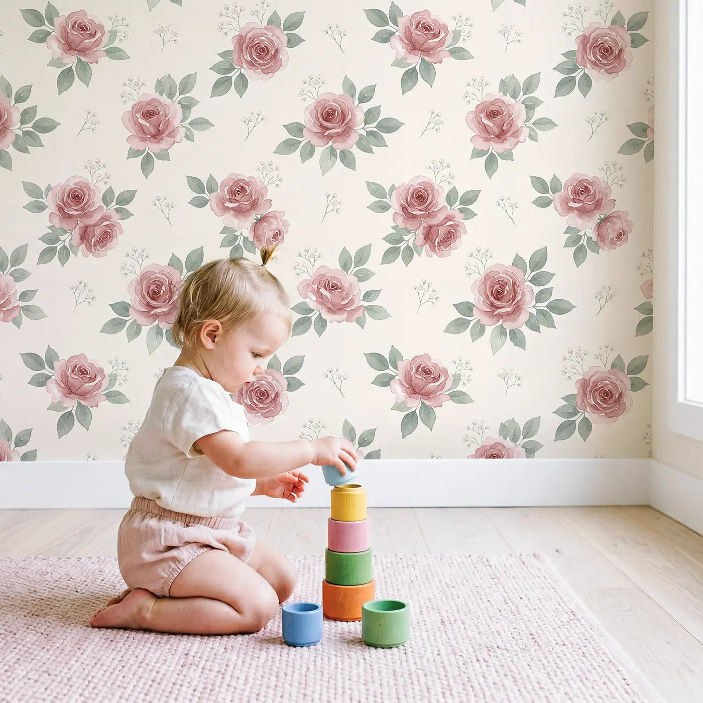 Dusty Rose Watercolor wallpaper in styled kids room - Whimsy Tots