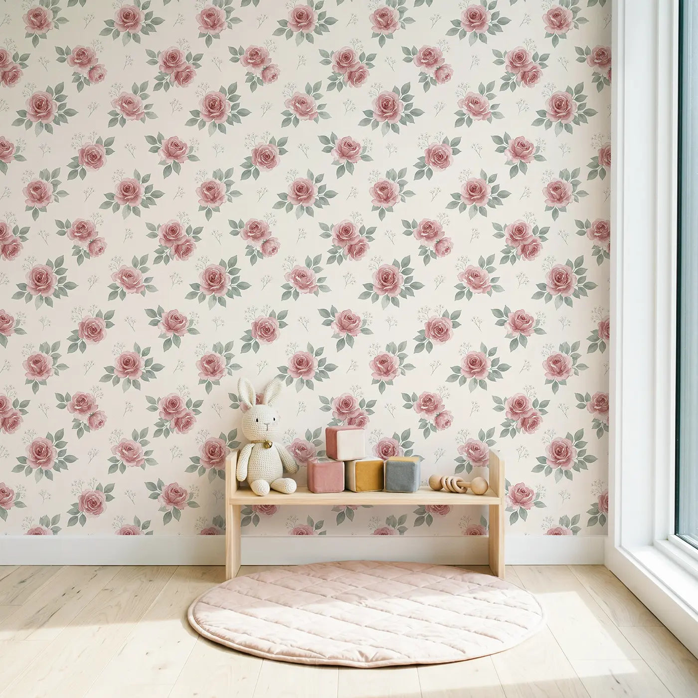 Dusty Rose Watercolor wallpaper in Scandinavian nursery - Whimsy Tots