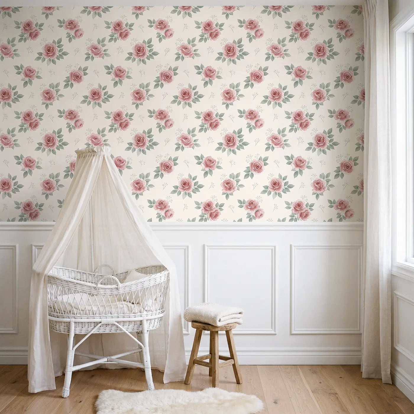 Dusty Rose Watercolor wallpaper above wainscoting - Whimsy Tots