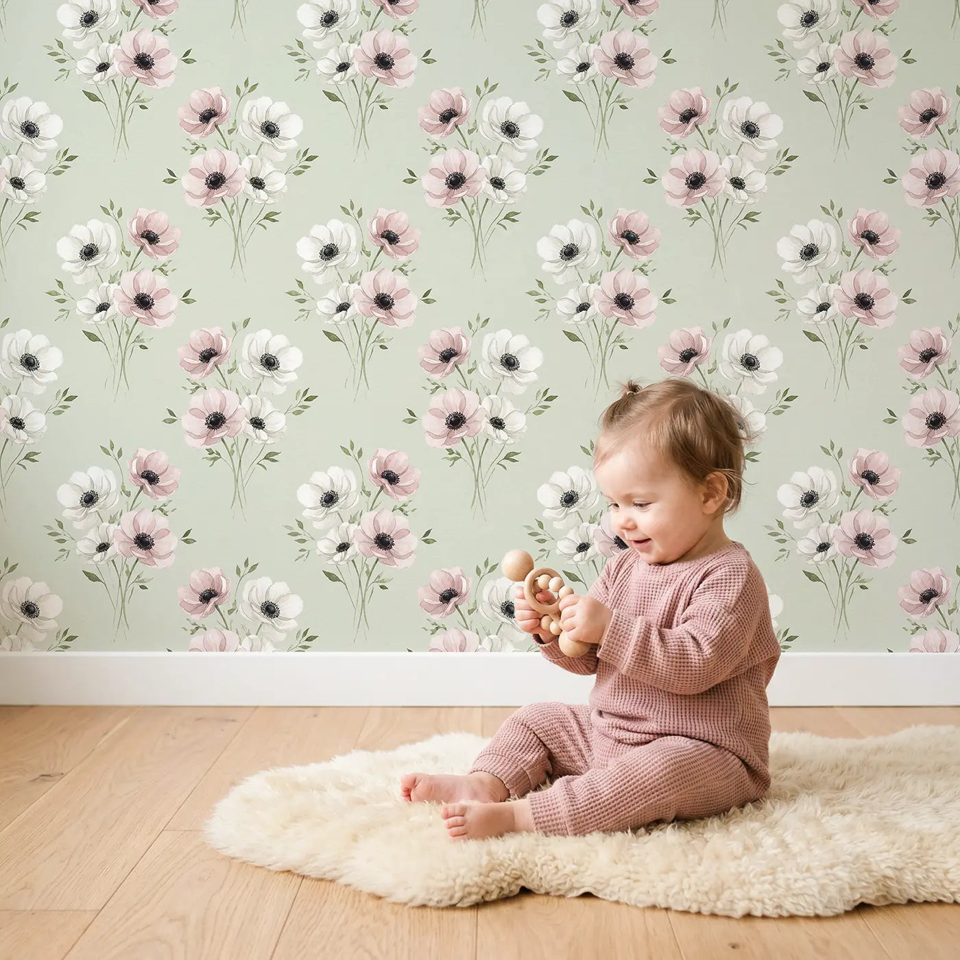Anemones White Watercolor wallpaper in styled kids room - Whimsy Tots