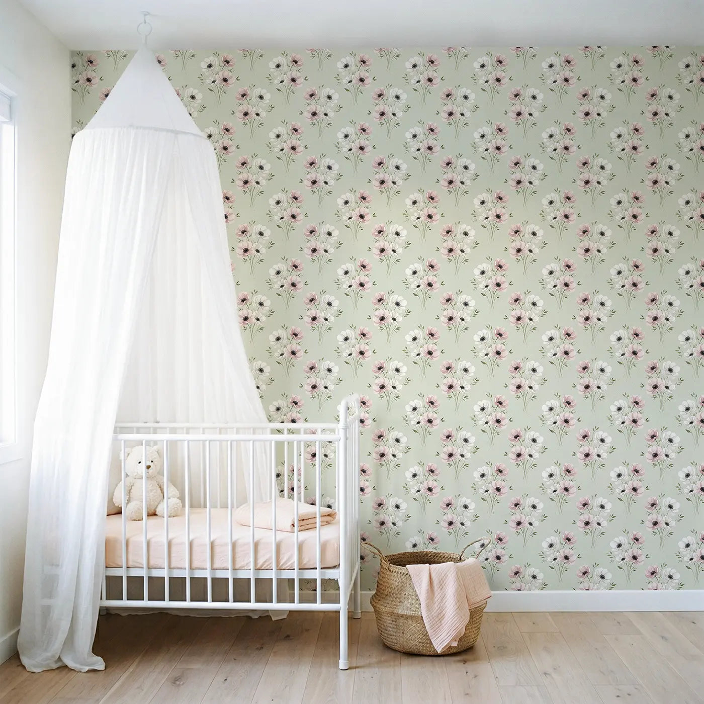 Anemones White Watercolor wallpaper in Scandinavian nursery - Whimsy Tots