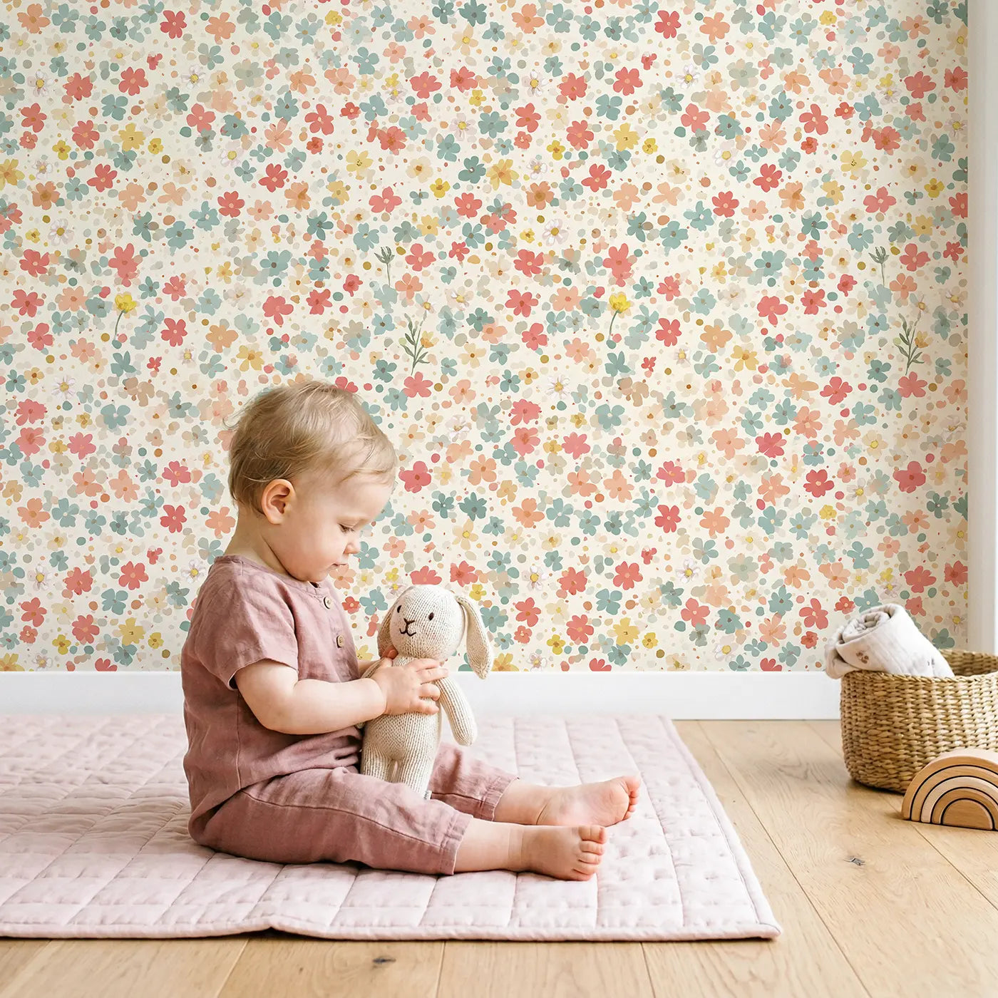 Mini Daisies Ditsy Floral wallpaper in styled kids room - Whimsy Tots