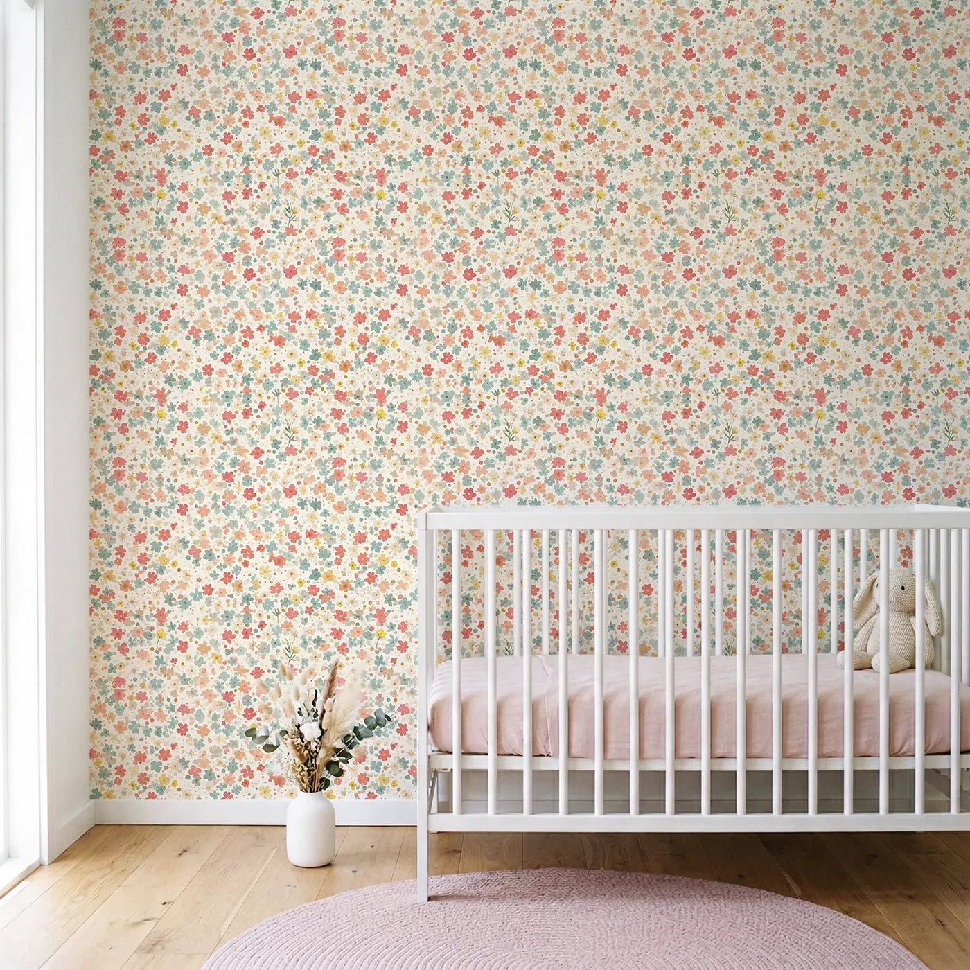 Mini Daisies Ditsy Floral wallpaper in Scandinavian nursery - Whimsy Tots