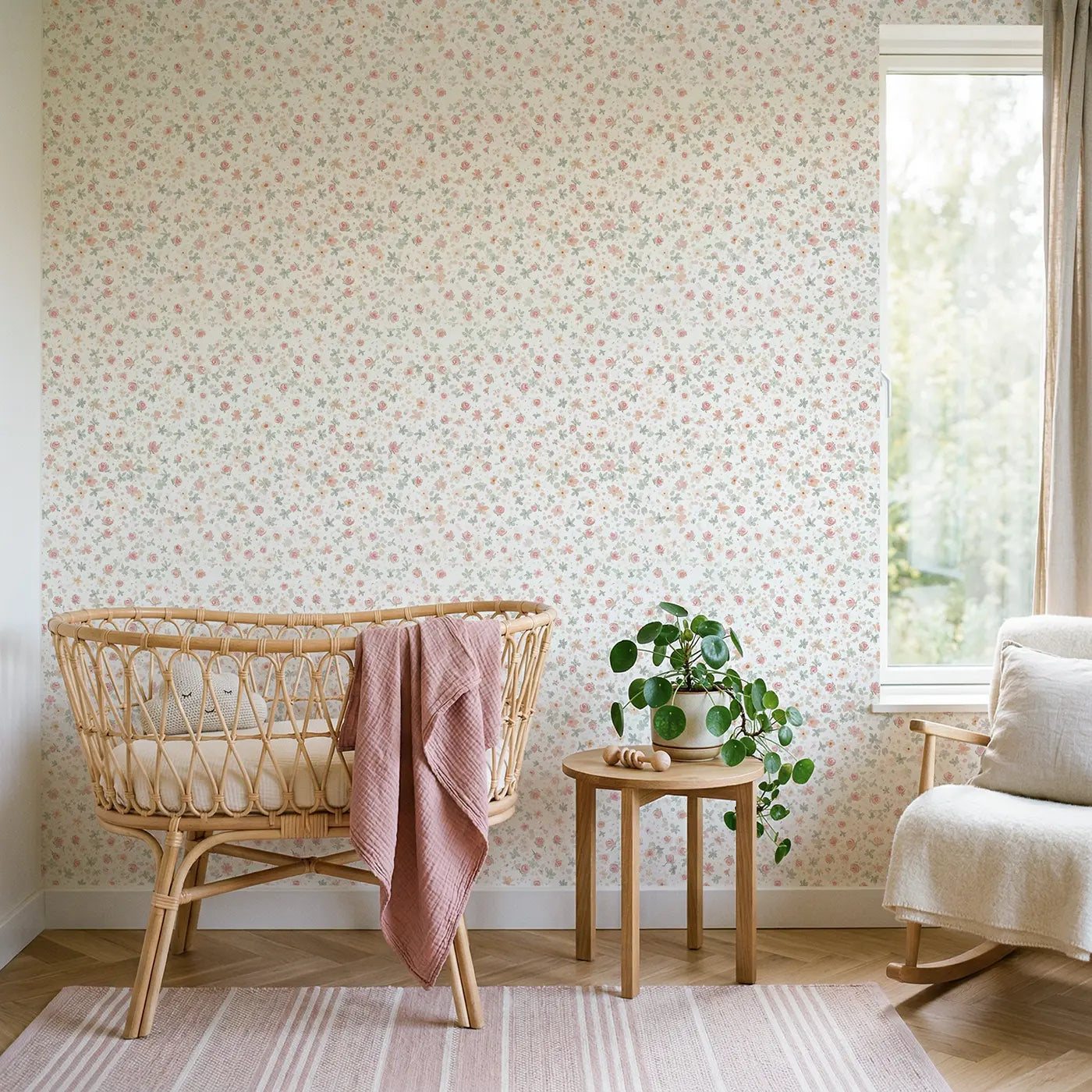 Rosebuds Pink Ditsy Floral wallpaper in Scandinavian nursery - Whimsy Tots