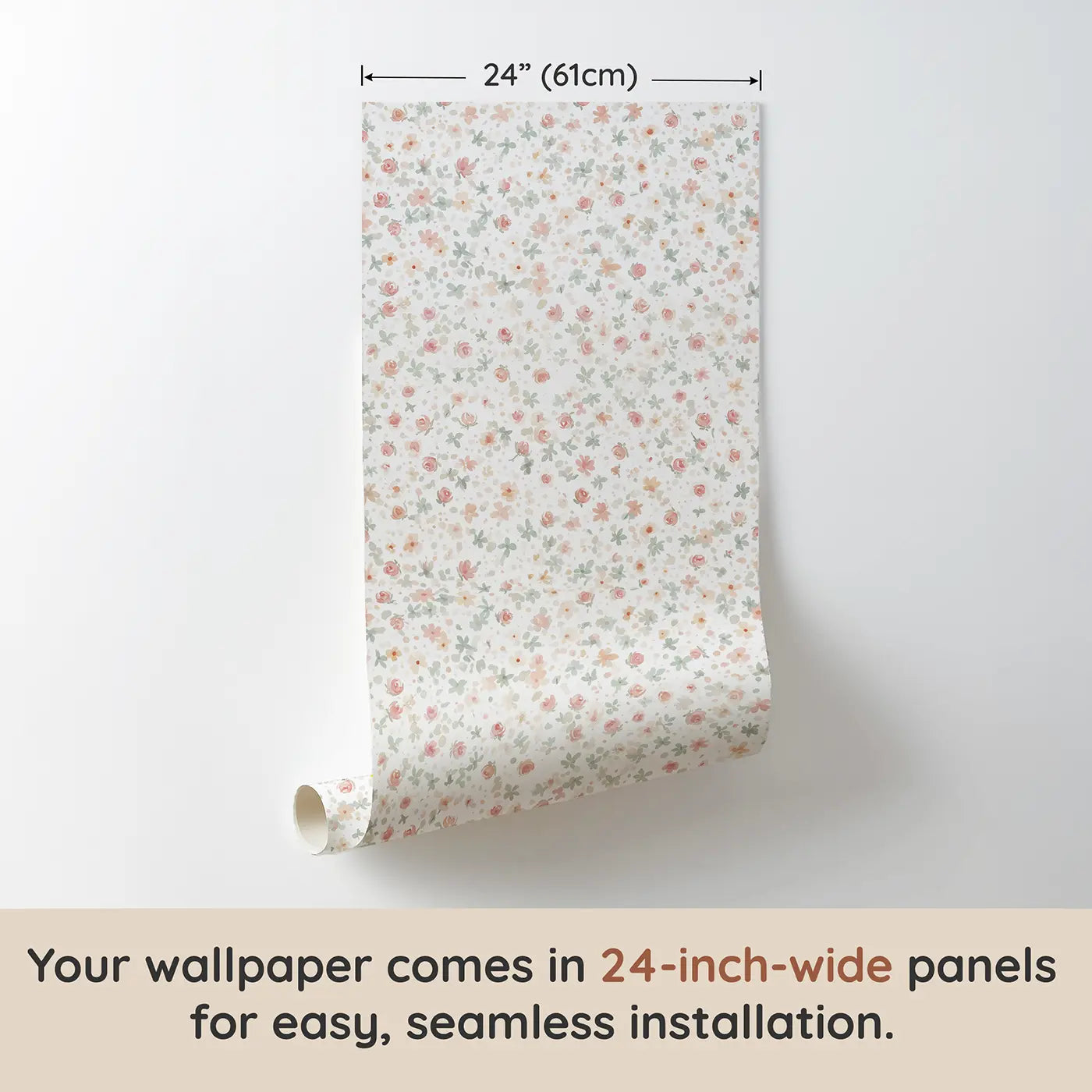 Rosebuds Pink Ditsy Floral wallpaper panel dimensions - Whimsy Tots