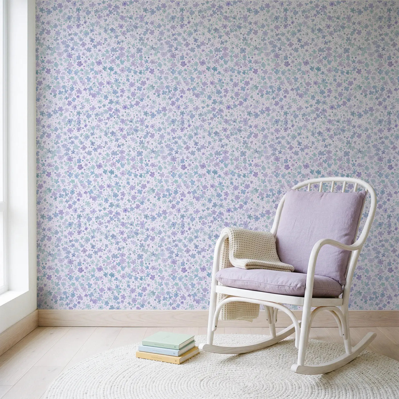 Violets Ditsy Floral wallpaper in Scandinavian nursery - Whimsy Tots