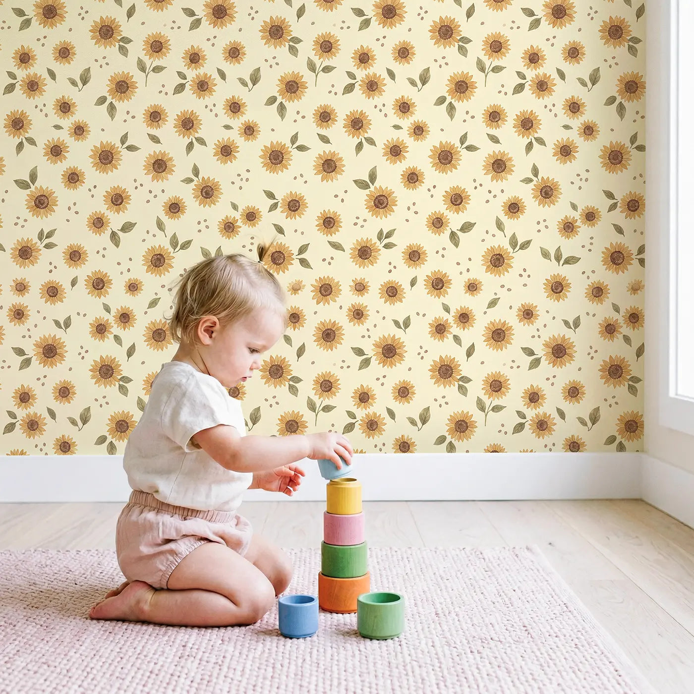 Mini Sunflower Ditsy Floral wallpaper in styled kids room - Whimsy Tots