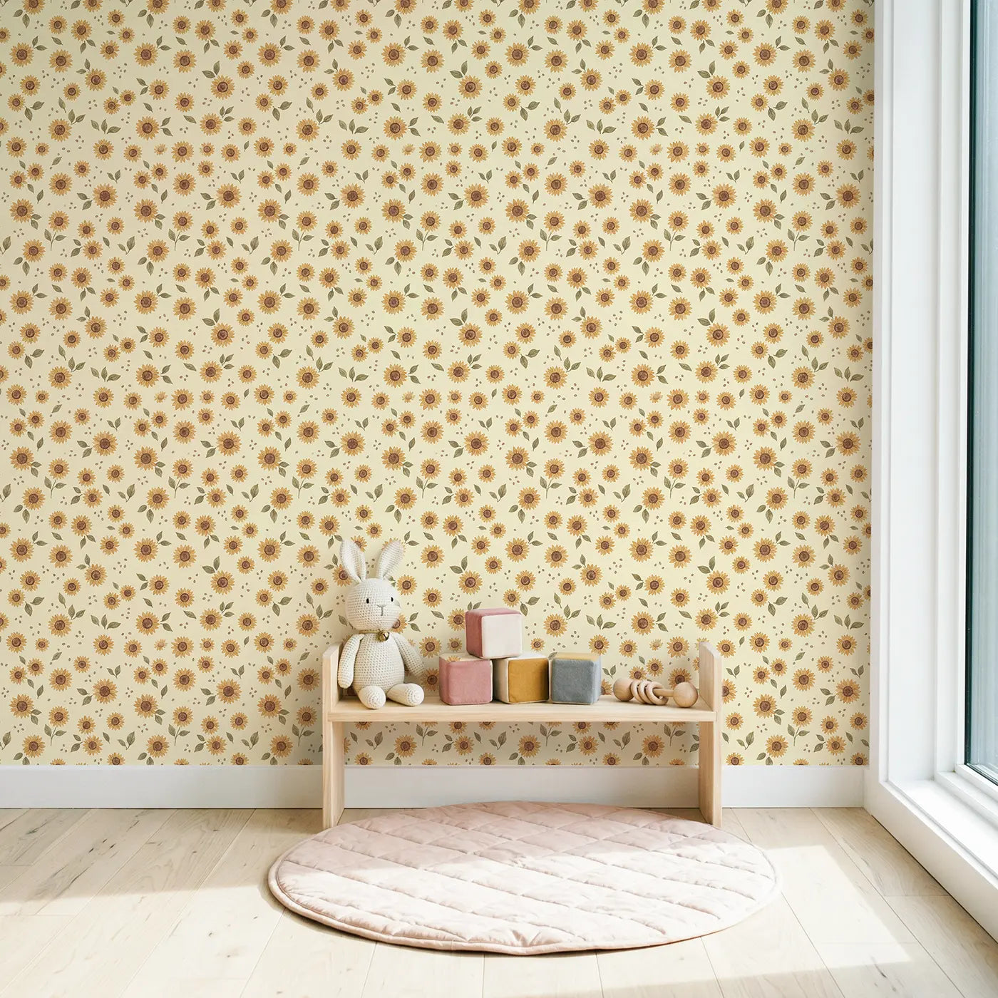 Mini Sunflower Ditsy Floral wallpaper in Scandinavian nursery - Whimsy Tots