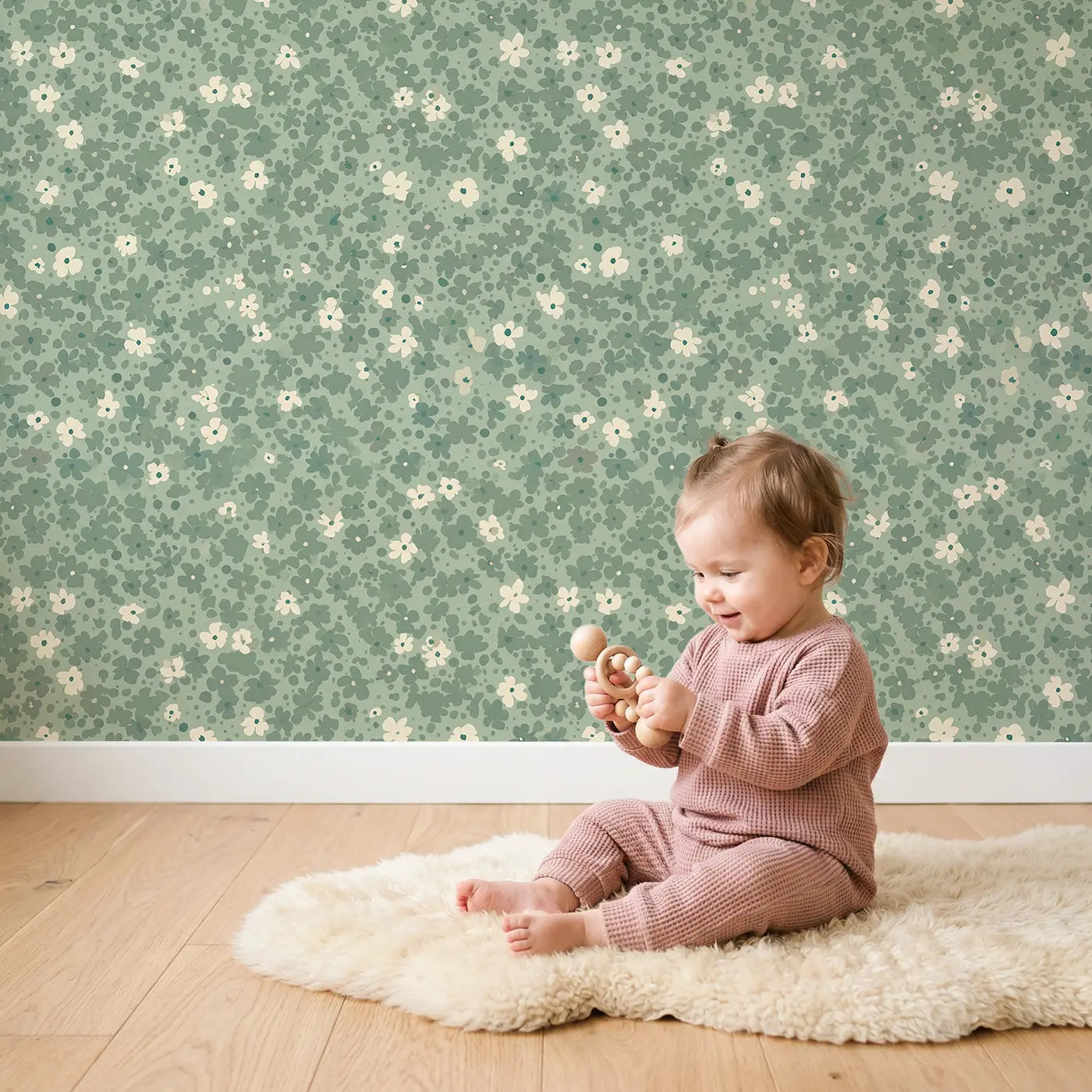 Floral Sage Ditsy Floral wallpaper in styled kids room - Whimsy Tots
