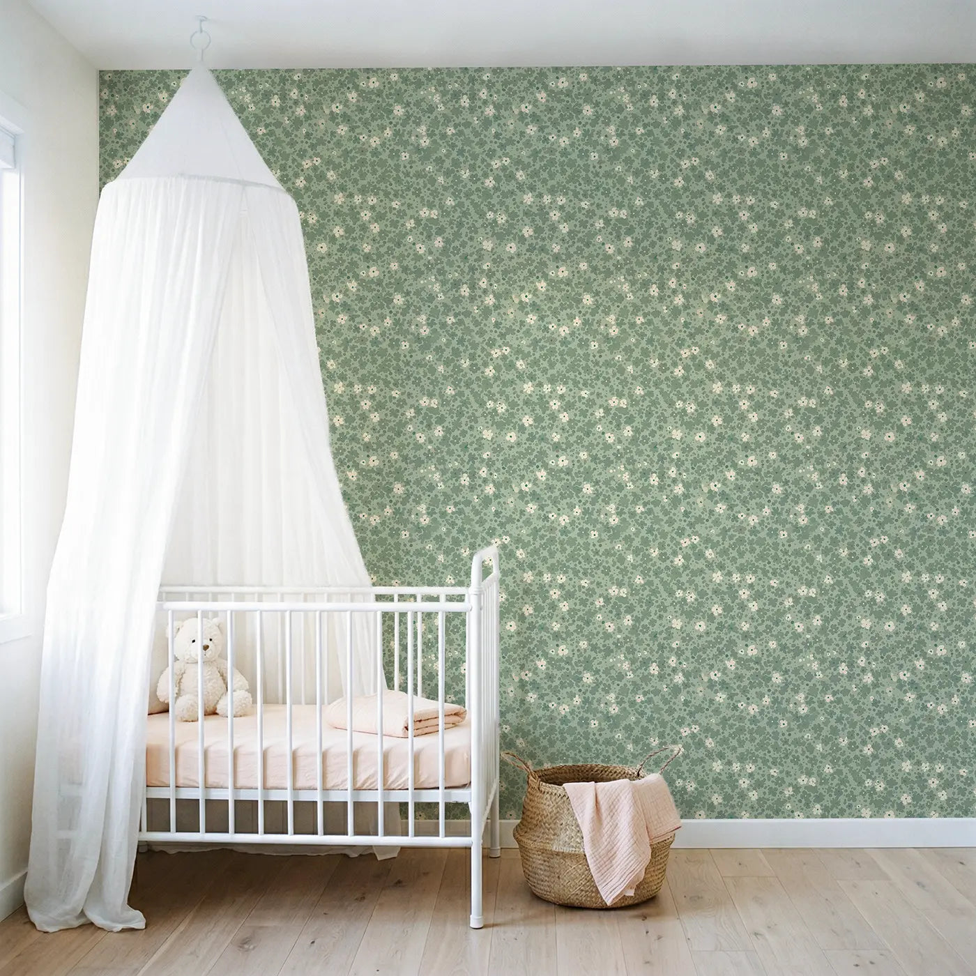 Floral Sage Ditsy Floral wallpaper in Scandinavian nursery - Whimsy Tots