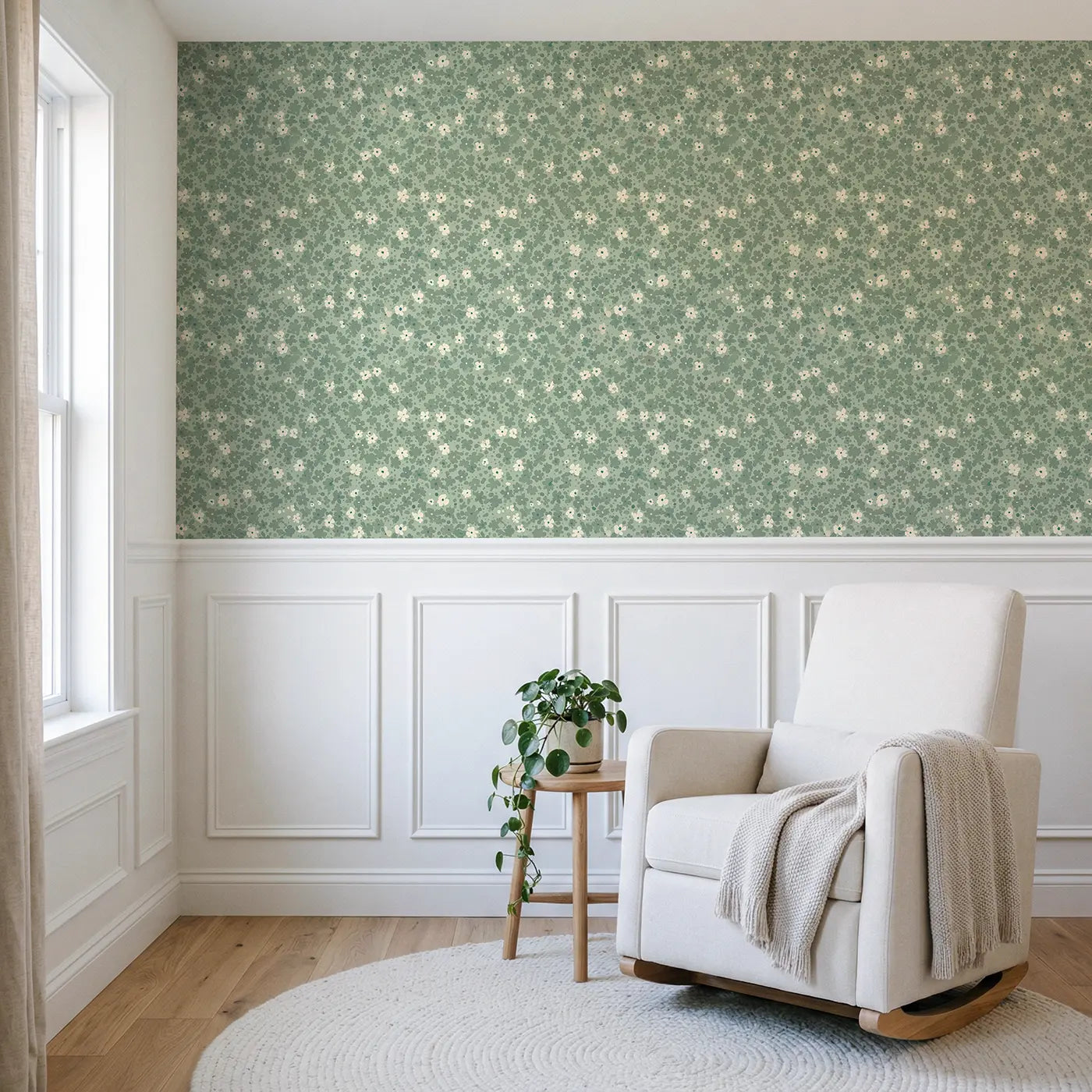 Floral Sage Ditsy Floral wallpaper above wainscoting - Whimsy Tots