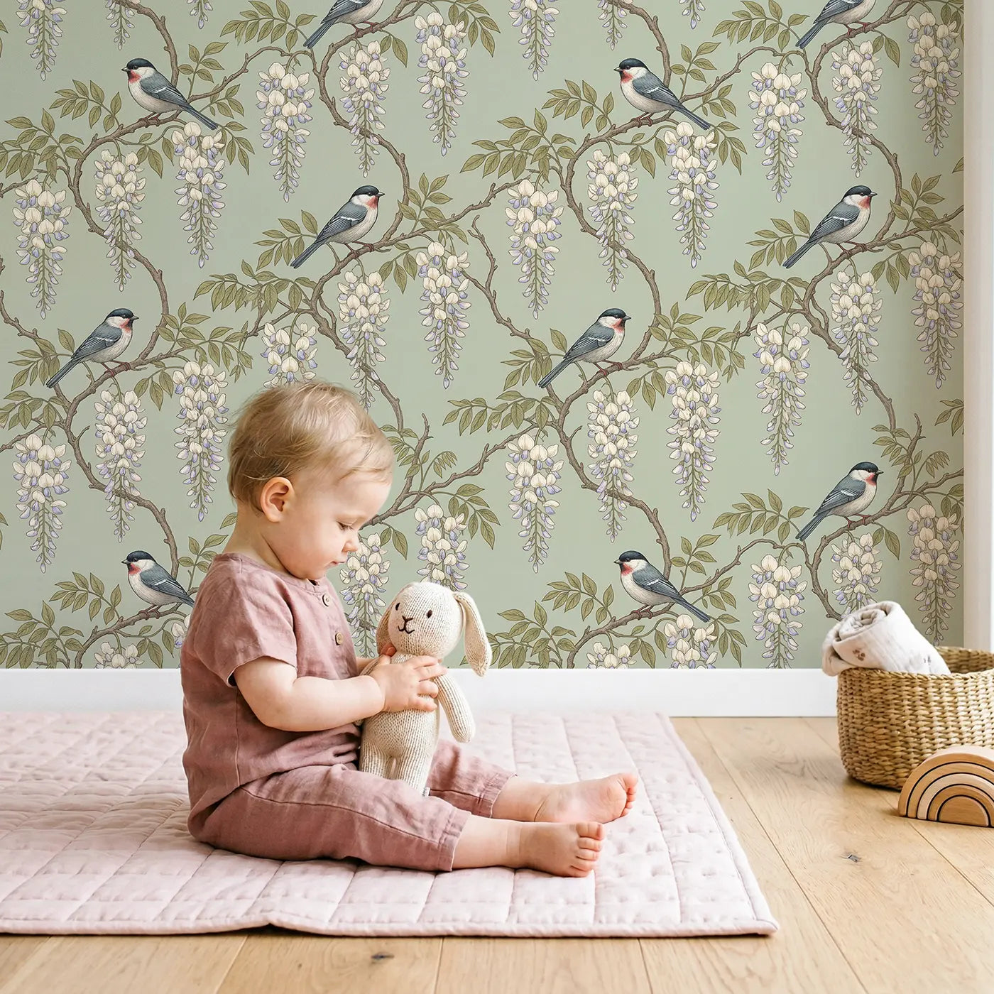Trailing Wisteria Branches Botanical Elegance wallpaper in styled kids room - Whimsy Tots