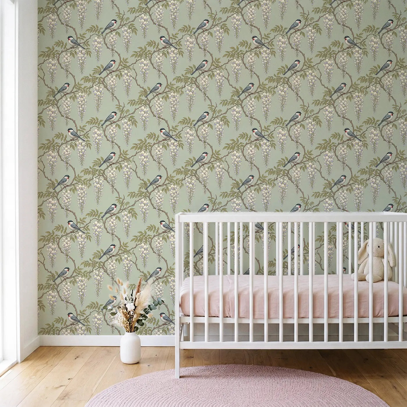 Trailing Wisteria Branches Botanical Elegance wallpaper in Scandinavian nursery - Whimsy Tots