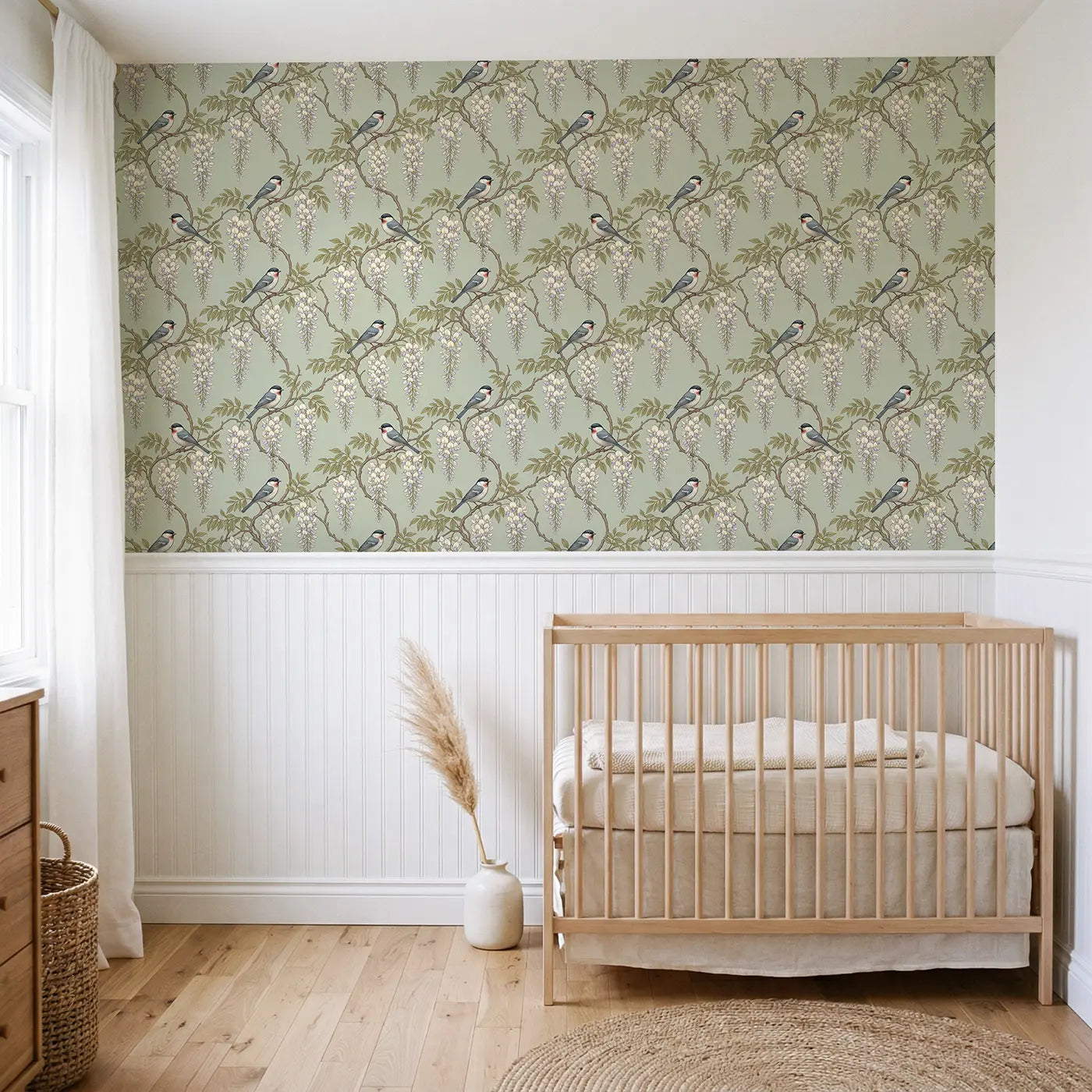 Trailing Wisteria Branches Botanical Elegance wallpaper above wainscoting - Whimsy Tots