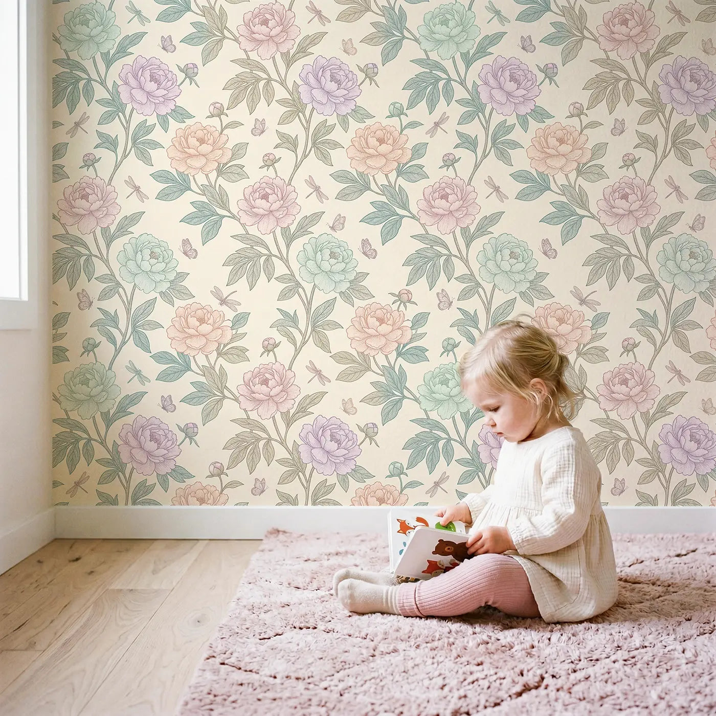 Peony Branches Botanical Elegance wallpaper in styled kids room - Whimsy Tots