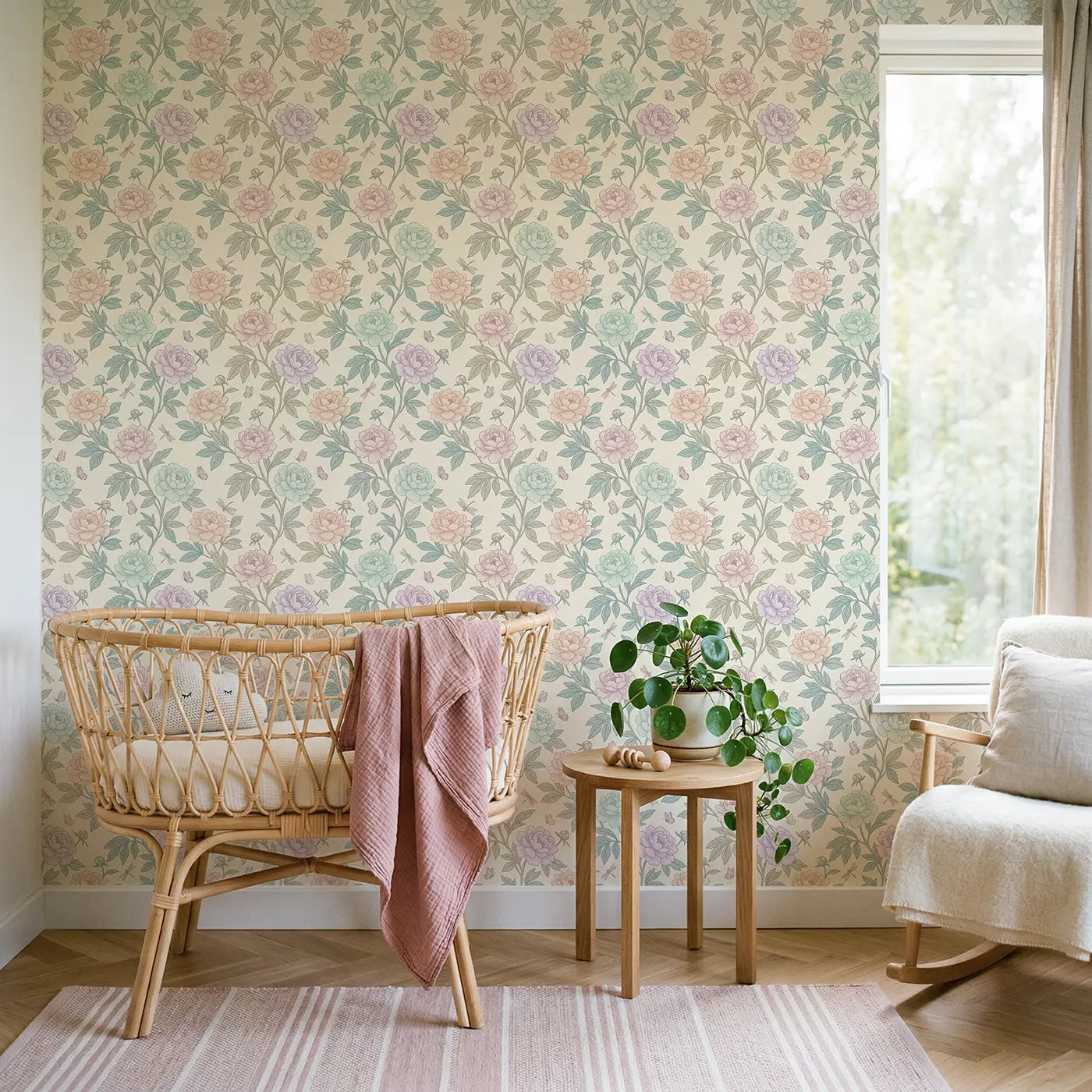 Peony Branches Botanical Elegance wallpaper in Scandinavian nursery - Whimsy Tots