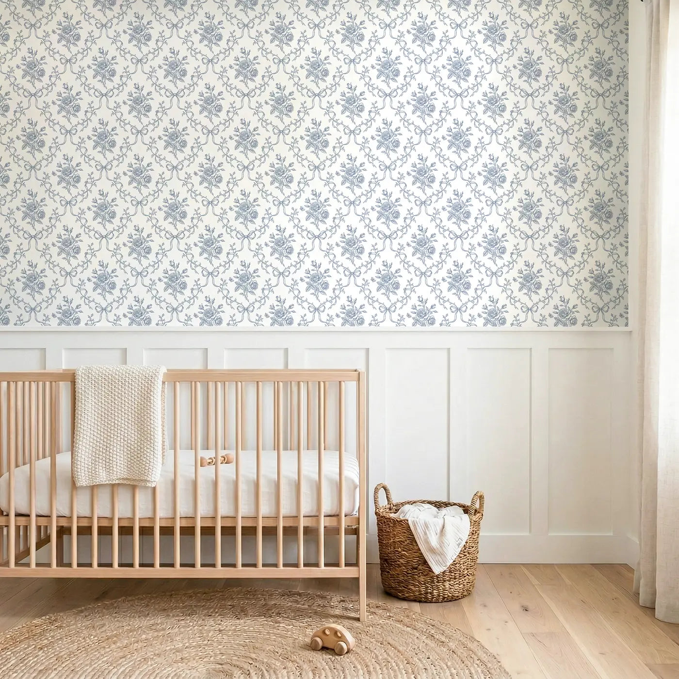 De Jouy Floral Botanical Elegance wallpaper above wainscoting - Whimsy Tots