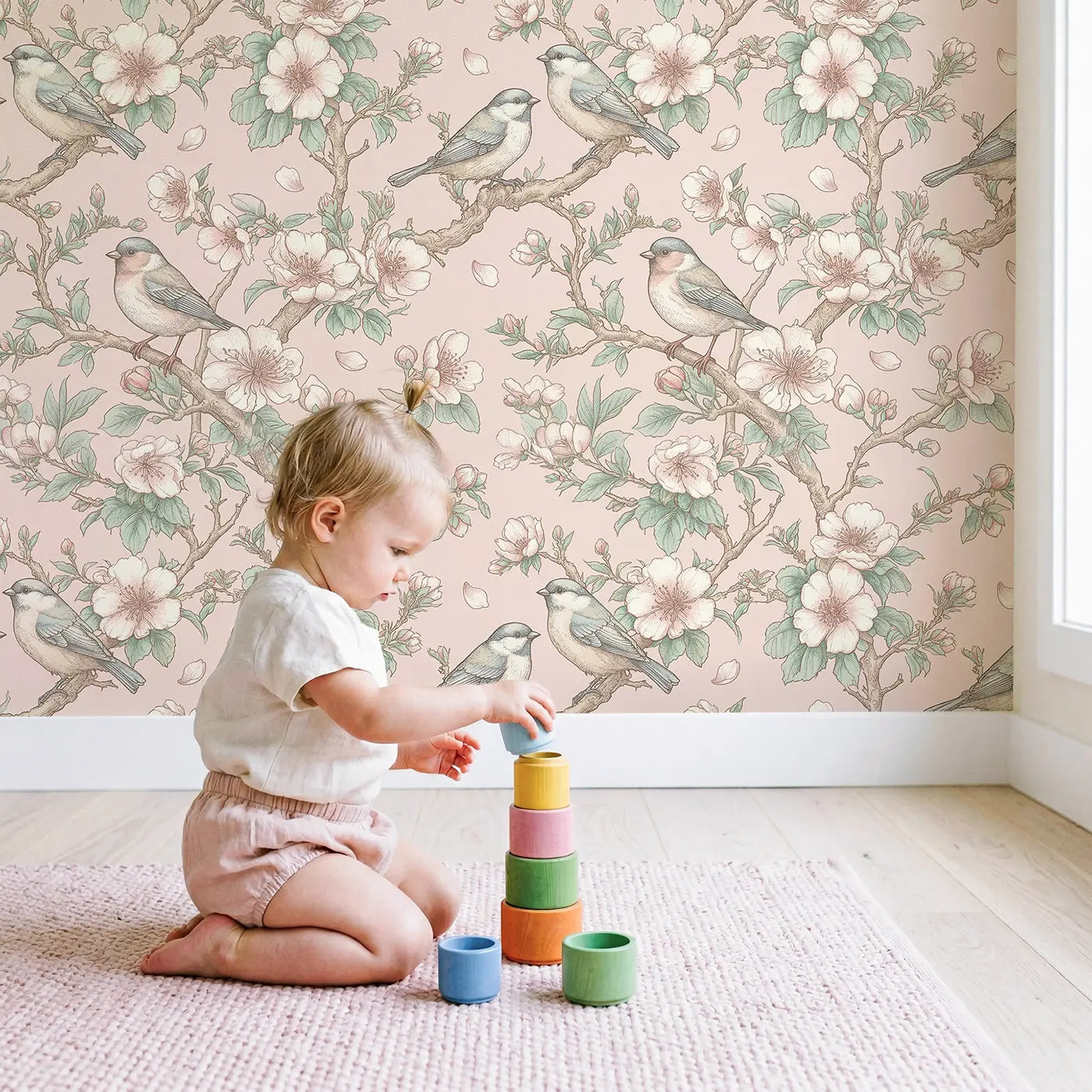 Cherry Blossom Tree Botanical Elegance wallpaper in styled kids room - Whimsy Tots