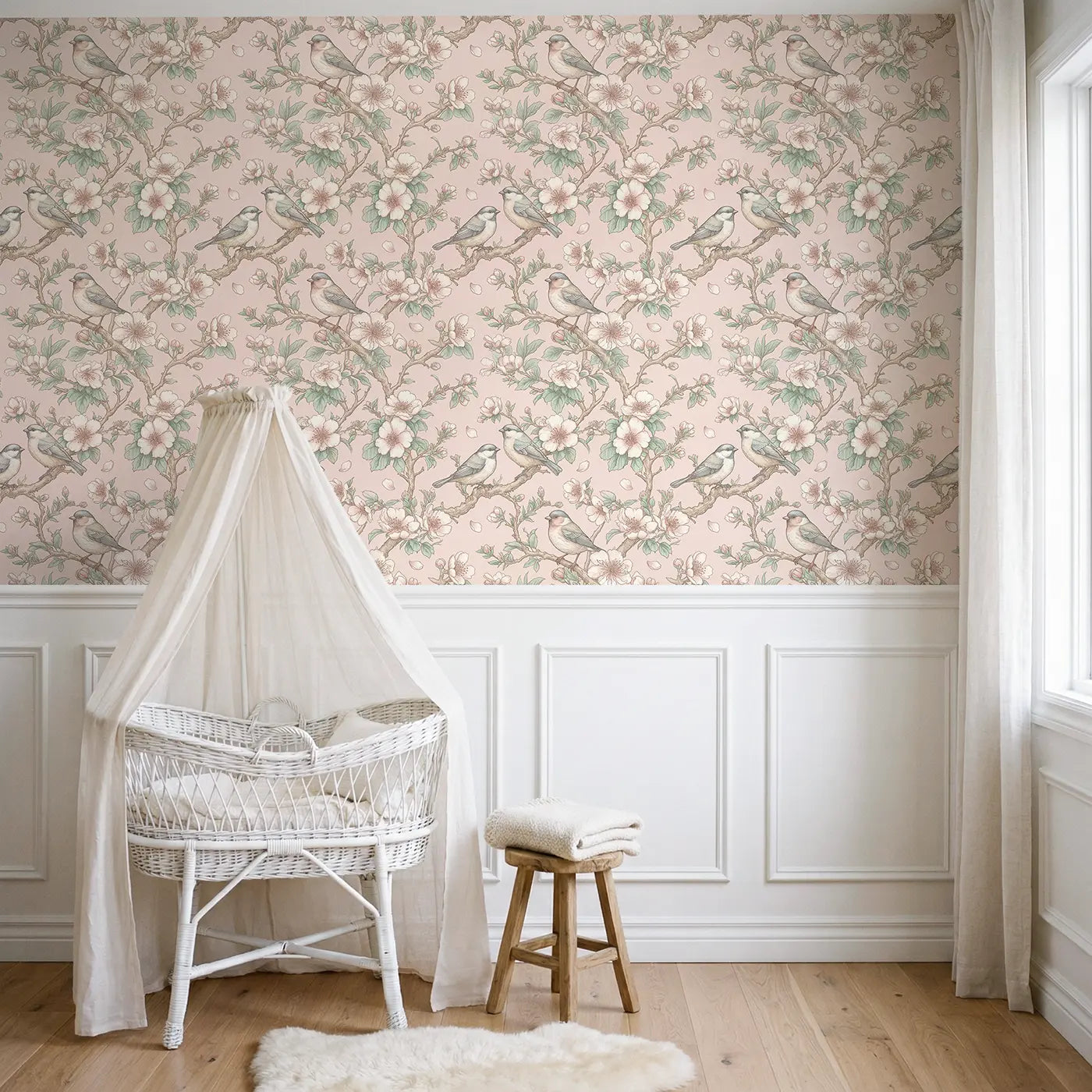 Cherry Blossom Tree Botanical Elegance wallpaper above wainscoting - Whimsy Tots