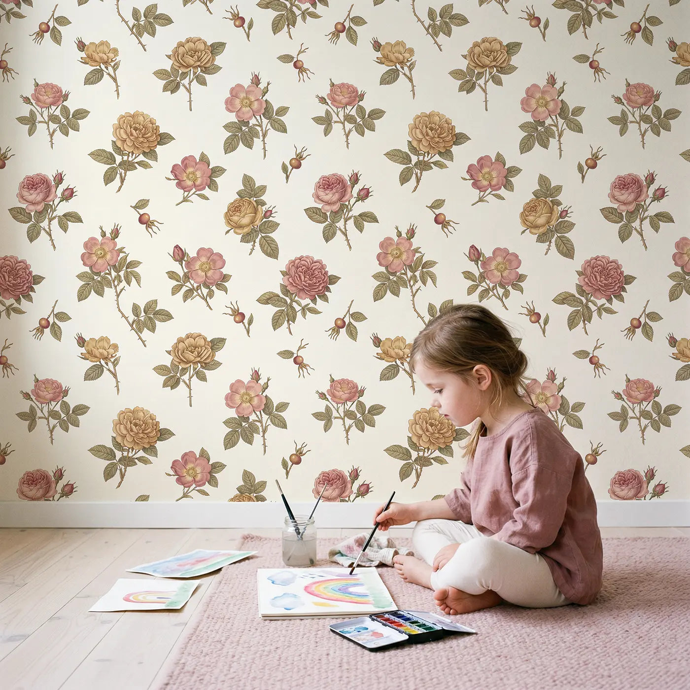 Rose Study Detailed Botanical Elegance wallpaper in styled kids room - Whimsy Tots
