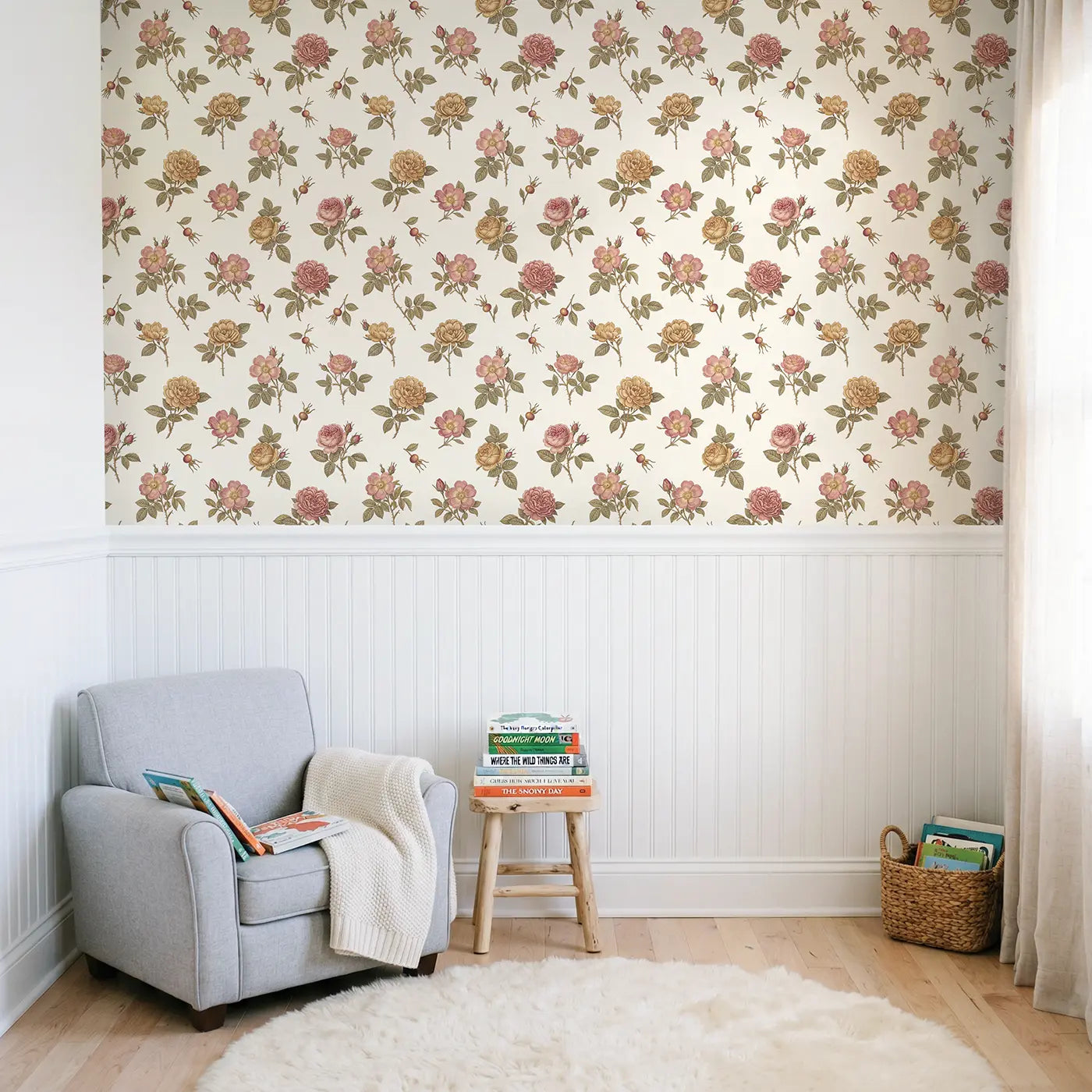 Rose Study Detailed Botanical Elegance wallpaper above wainscoting - Whimsy Tots