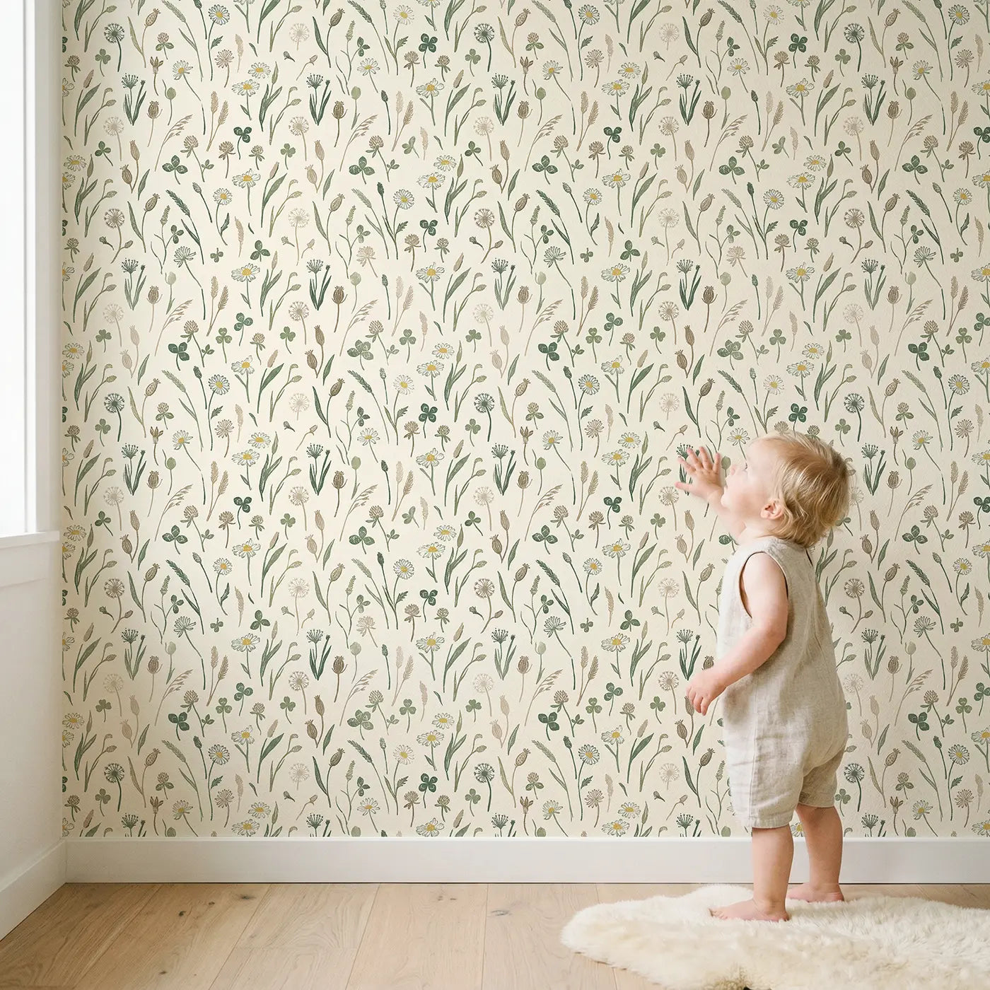 Daisies Block Print wallpaper in styled kids room - Whimsy Tots