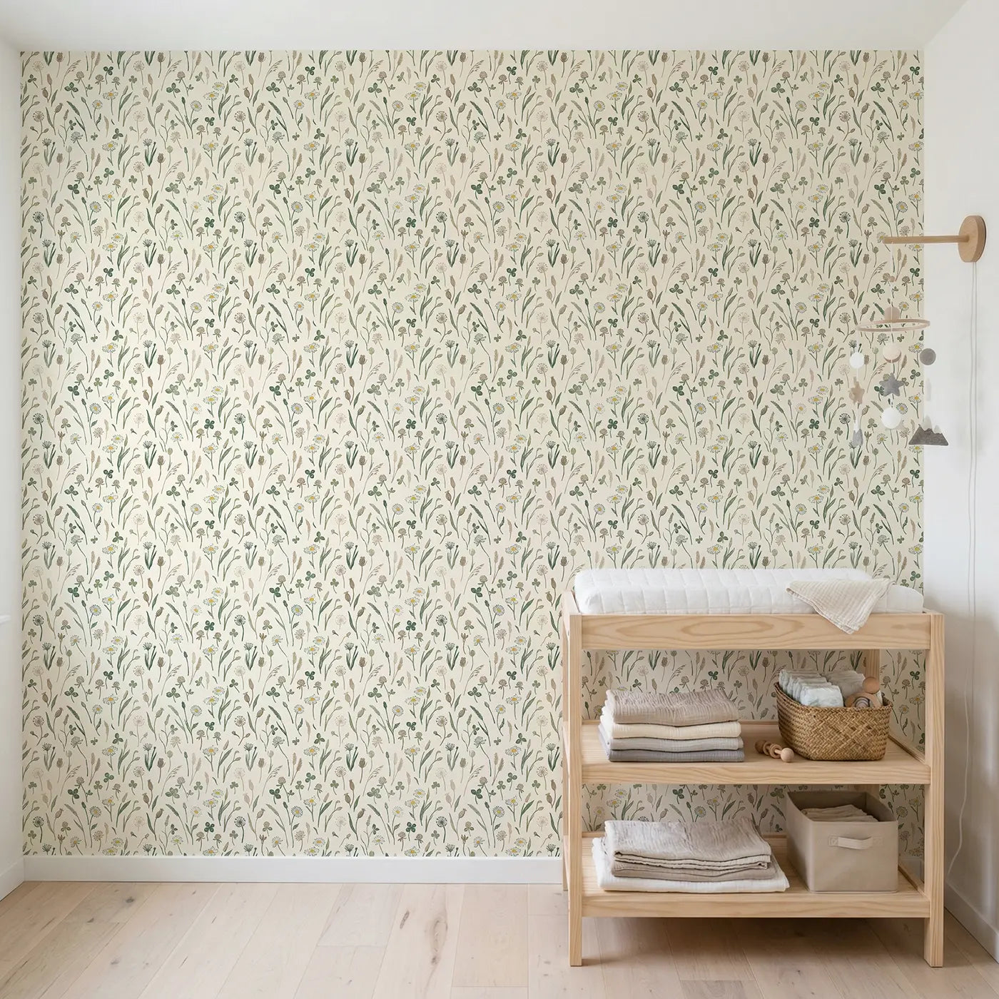Daisies Block Print wallpaper in Scandinavian nursery - Whimsy Tots