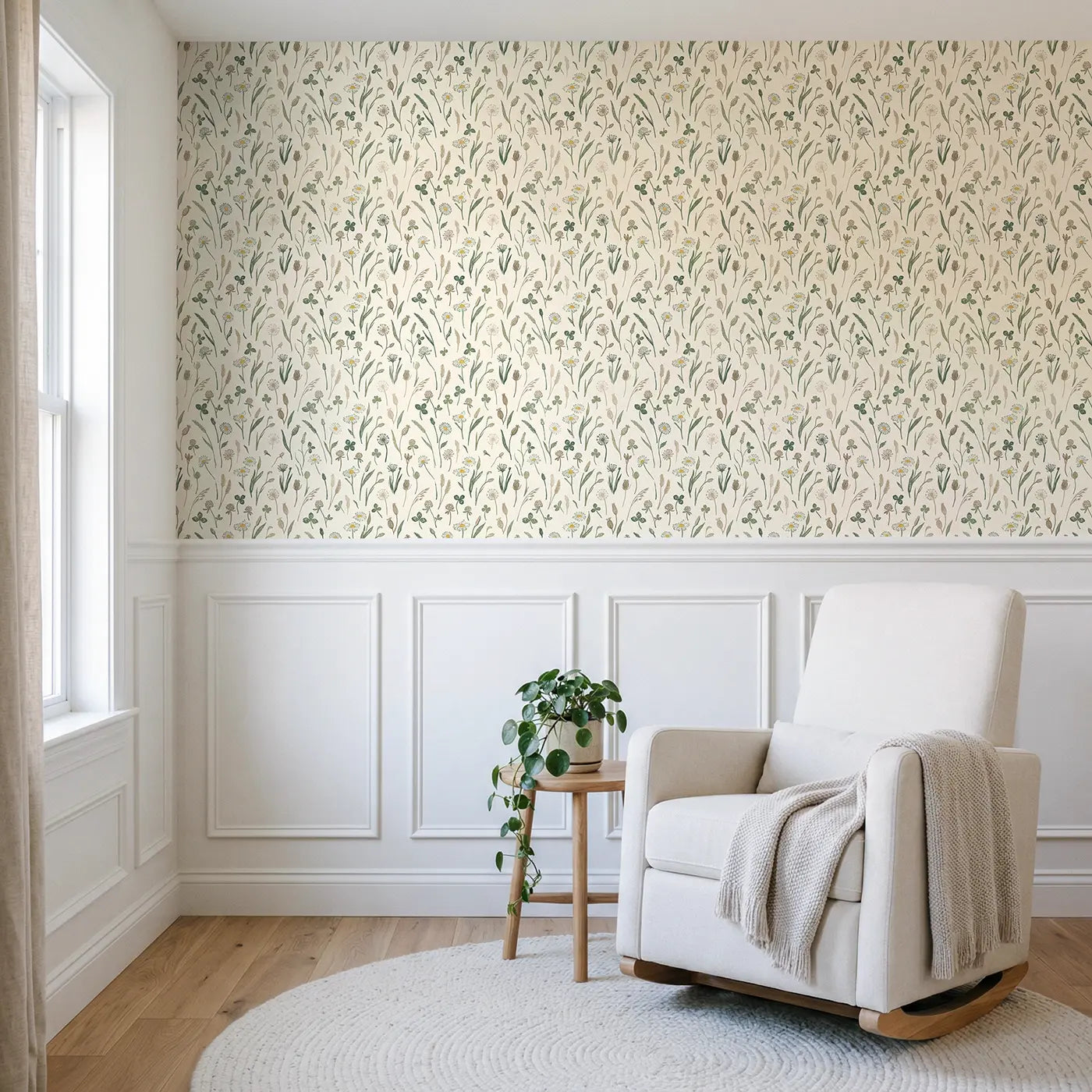 Daisies Block Print wallpaper above wainscoting - Whimsy Tots