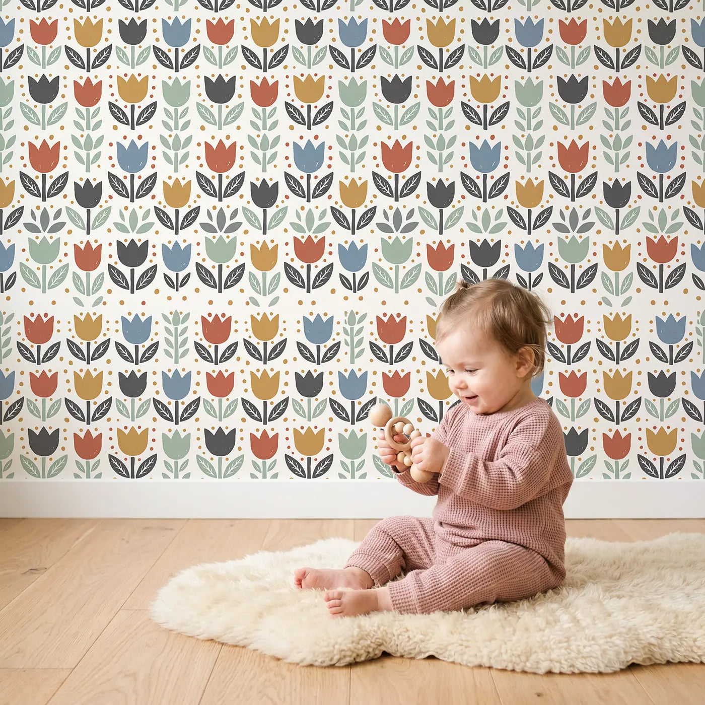 Folk Art Tulips Block Print wallpaper in styled kids room - Whimsy Tots
