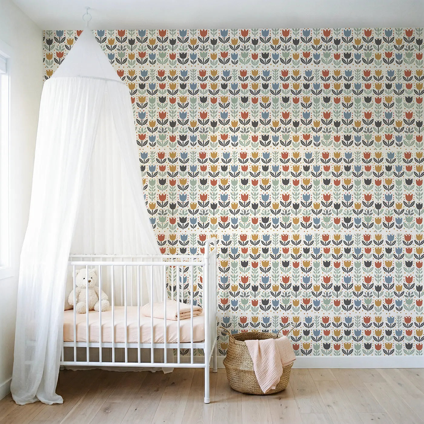Folk Art Tulips Block Print wallpaper in Scandinavian nursery - Whimsy Tots