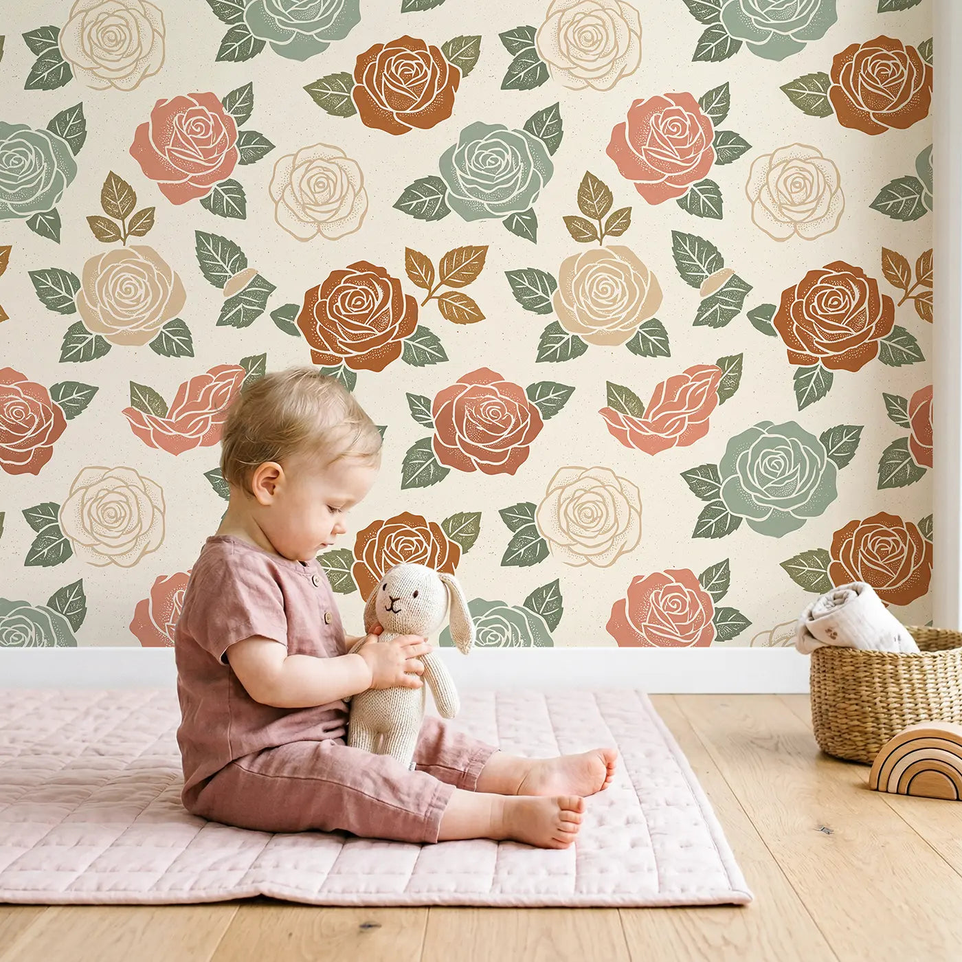 Roses Thick Block Print wallpaper in styled kids room - Whimsy Tots