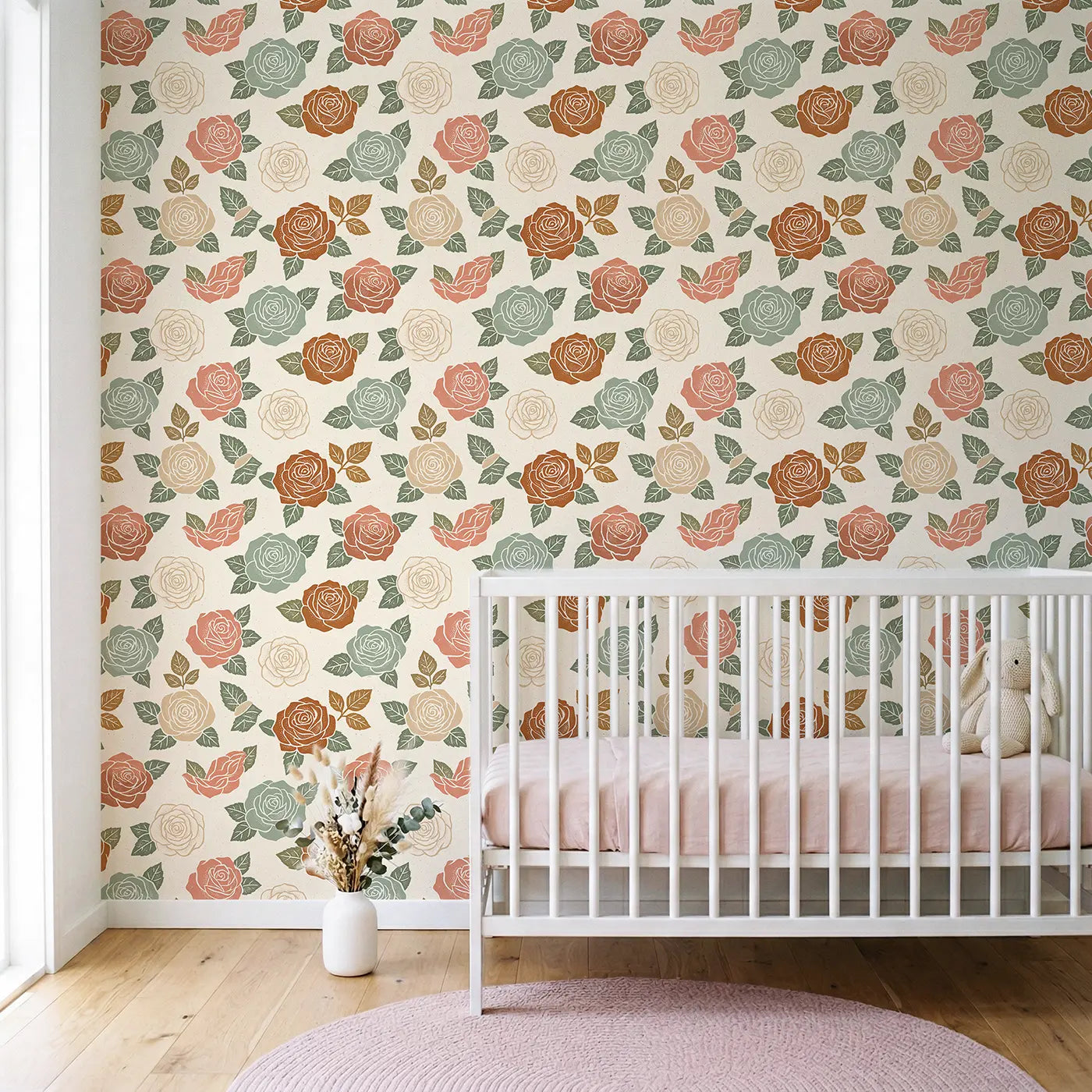 Roses Thick Block Print wallpaper in Scandinavian nursery - Whimsy Tots
