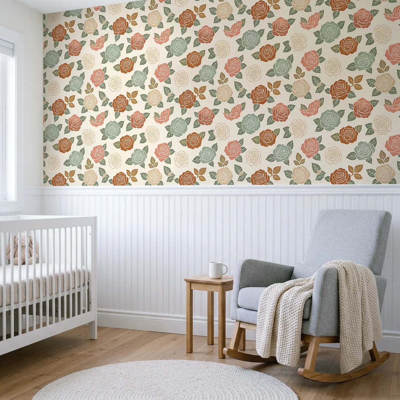 Roses Thick Block Print wallpaper above wainscoting - Whimsy Tots