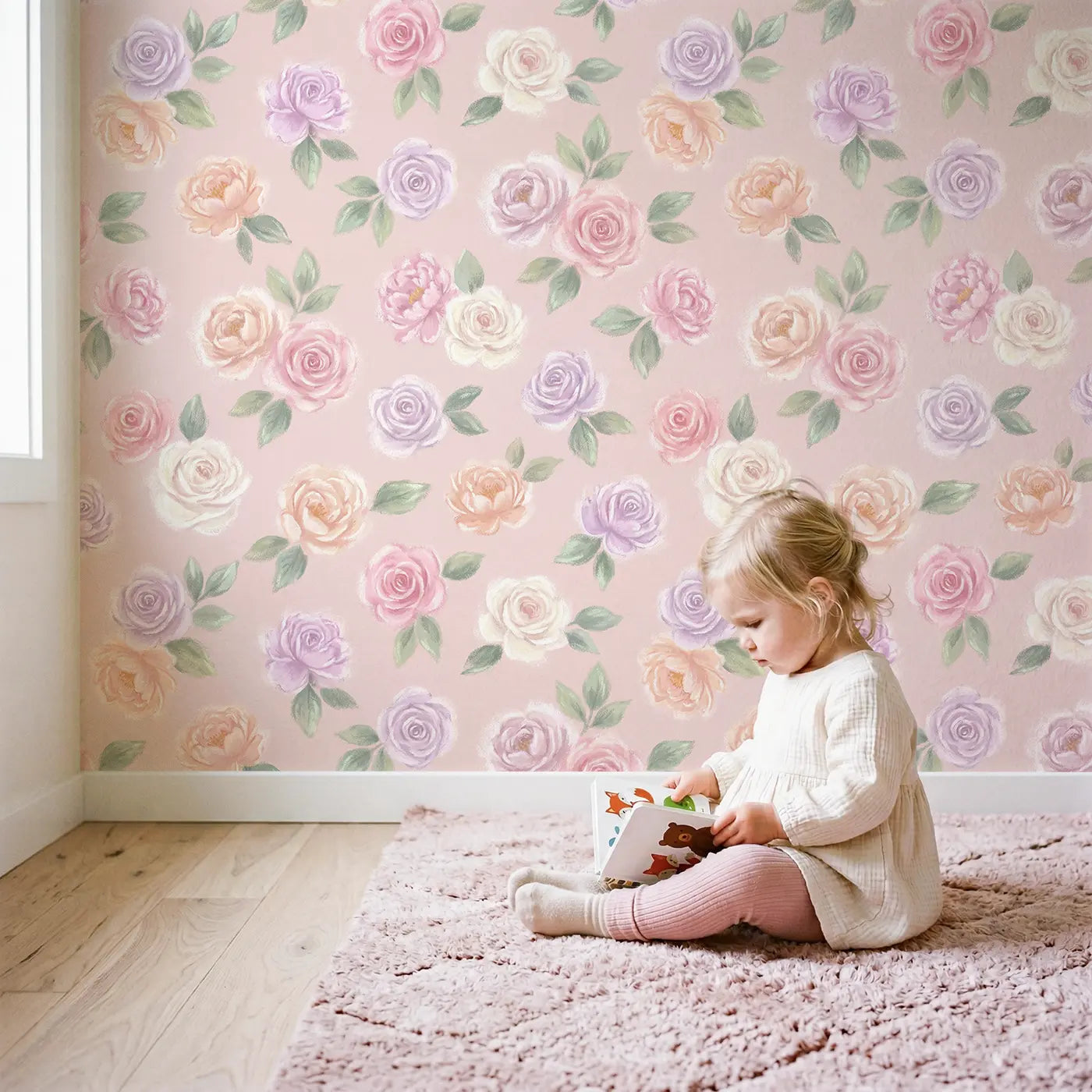 Roses Peonies Soft Pastel wallpaper in styled kids room - Whimsy Tots